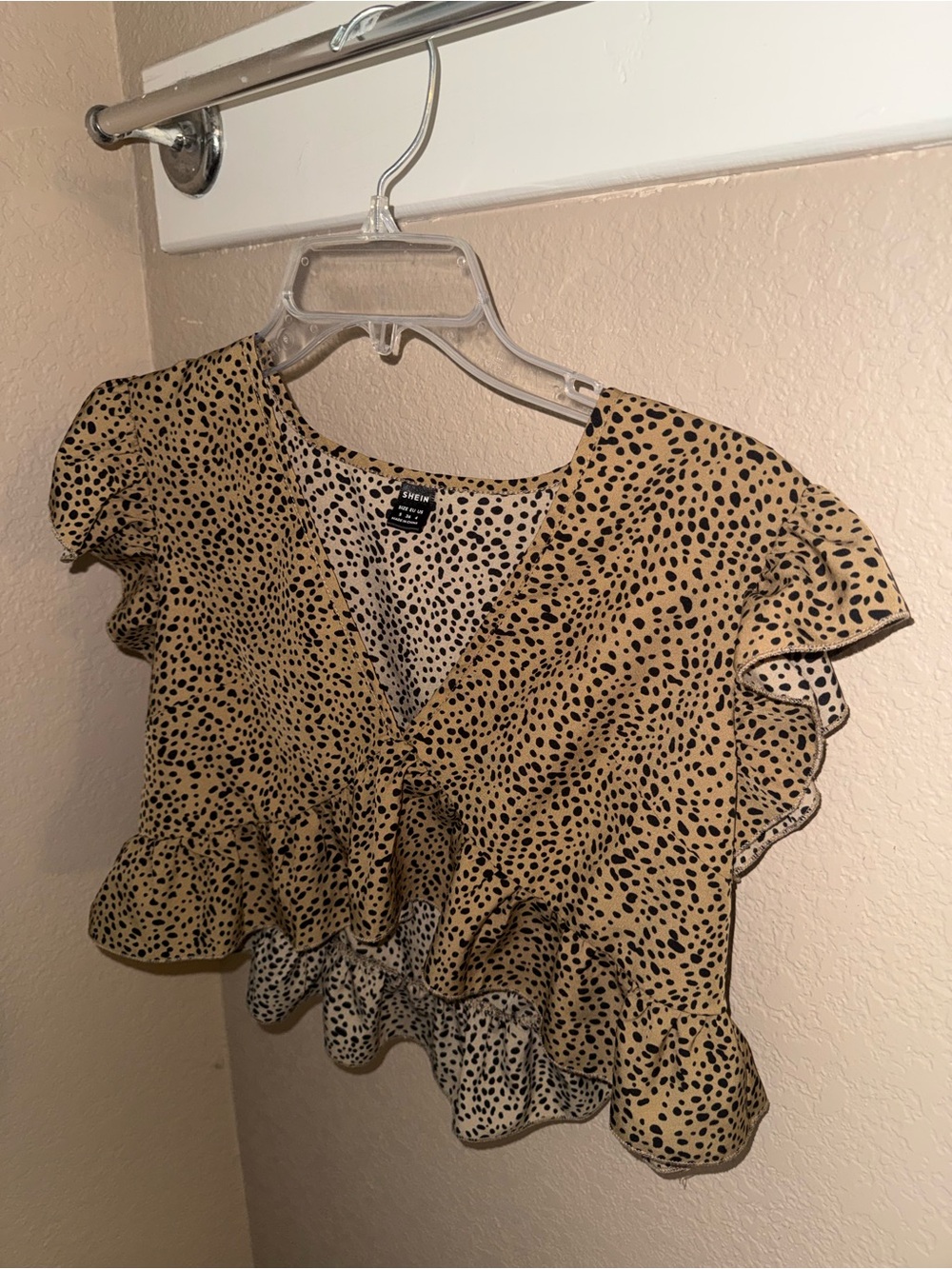 SHEIN Tan Ruffle V-Neck Crop Top with Black Spot Print